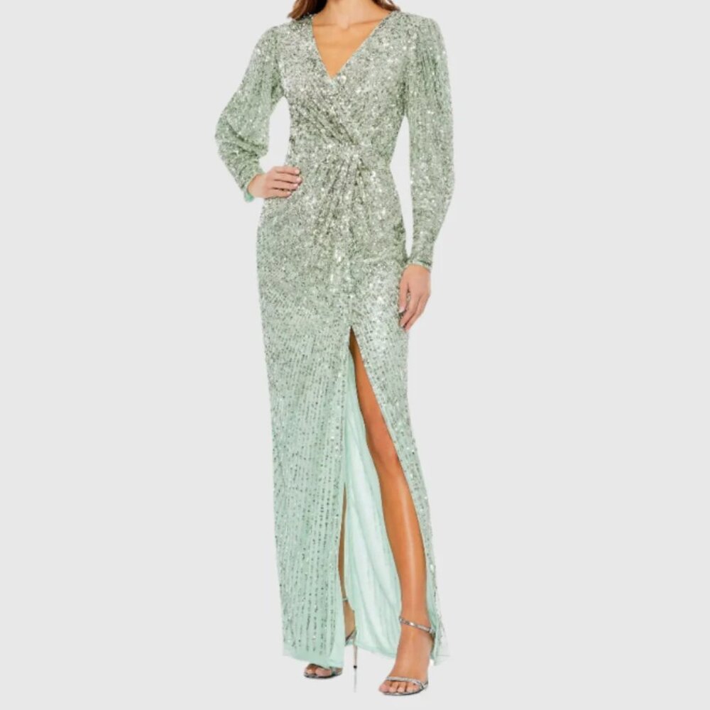 Mac Duggal  Green Embellished Faux Wrap Puff Sleeve Gown NWT sz 8